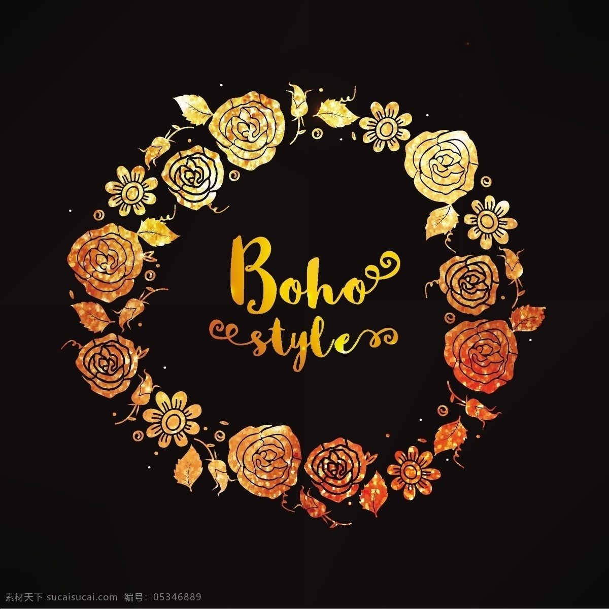 黑暗 背景 波希米亚 风格 花环 花 金 抽象的 一方面 花的背景 手绘 装饰 颜色金黄 金色的背景 印度 多彩的背景 民族 花饰