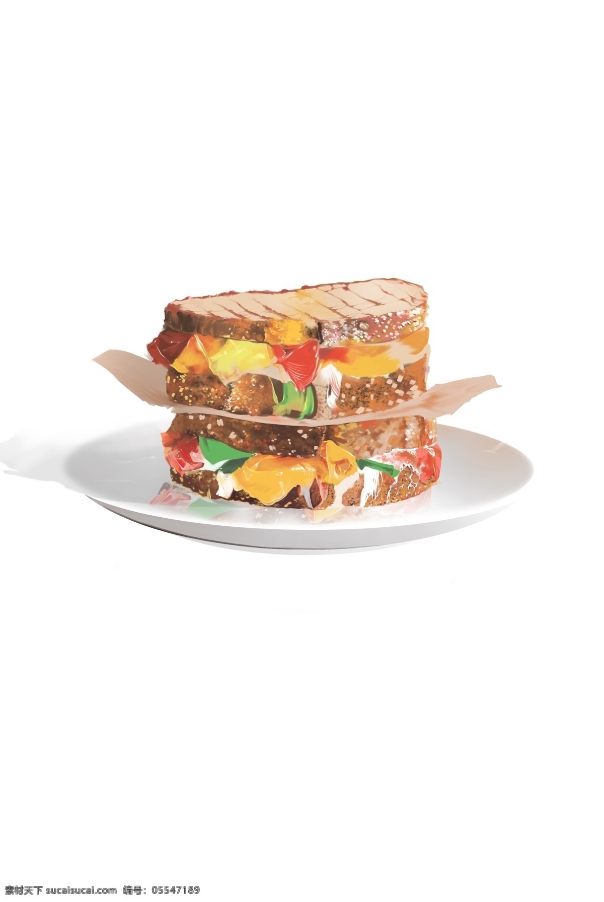 美味 汉堡包 手绘 食物 装饰 元素 美食 早餐 面包 装饰元素 手绘美食 白色盘子