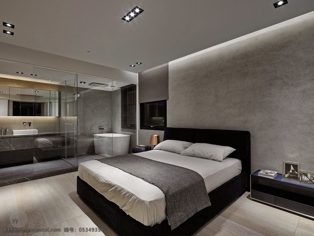 现代 极 简 时尚 卧室 深褐色 背景 墙 室内装修 图 木地板 卧室装修 方形床头柜 透明浴室
