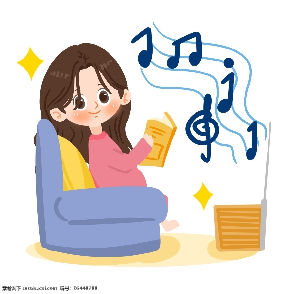 母亲节 卡通 母亲 听 音乐 星星 听音乐 音符