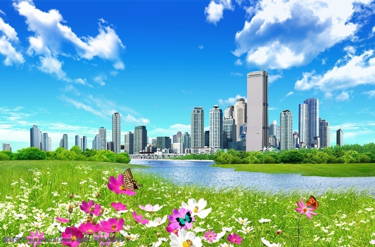 鲜花 花朵 草地 花瓣 阳光 创新psd 春天 大厦 飞机 蝴蝶 蓝天白云 气球 清新 水晶 田野 栅栏 小路 psd源文件