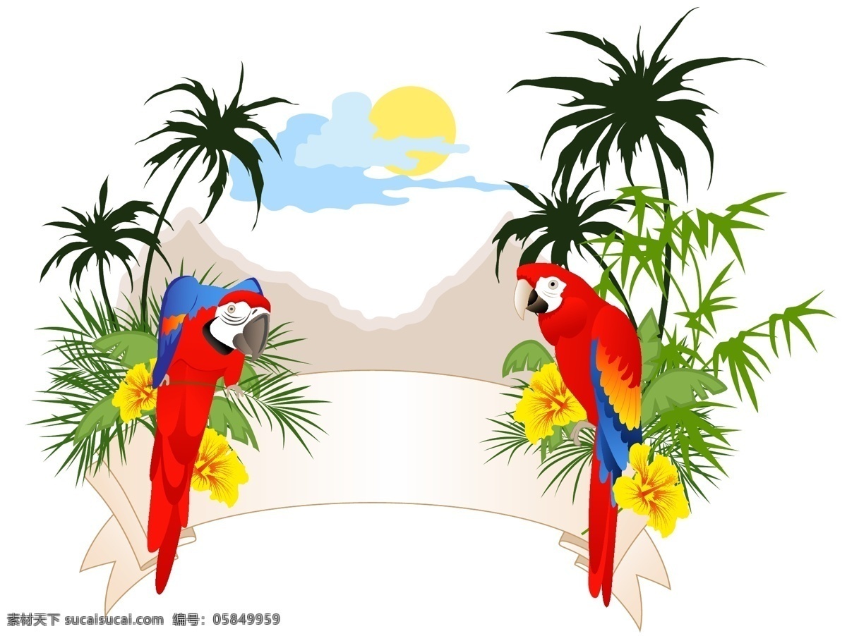 一对 鹦鹉 矢量图 白云 红色 鸟类 树木 太阳 其他矢量图