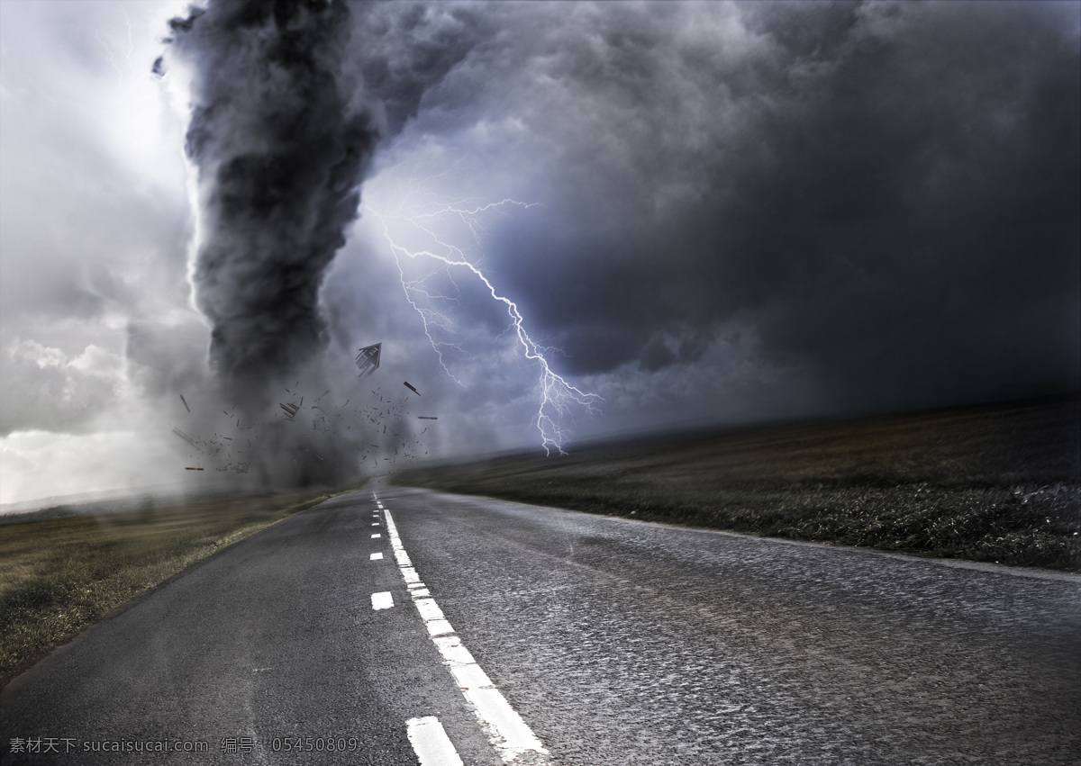 龙卷风 闪电 自然灾害 雷电 公路 马路 灾难 世界末日 其他风光 风景图片