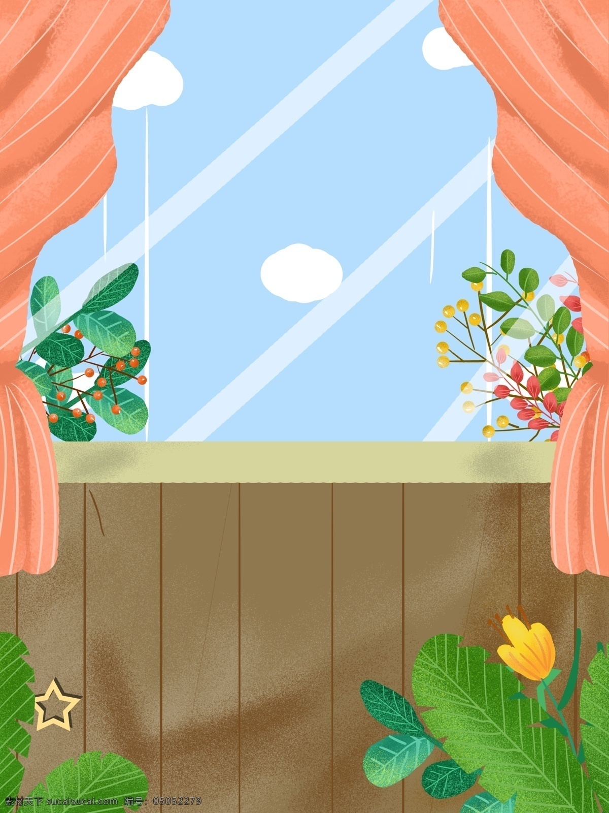清新 窗户 绿叶 背景 蓝天 白云 绿植物 儿童节背景 彩绘背景 通用背景 背景展板 特邀背景 促销背景 背景展板图
