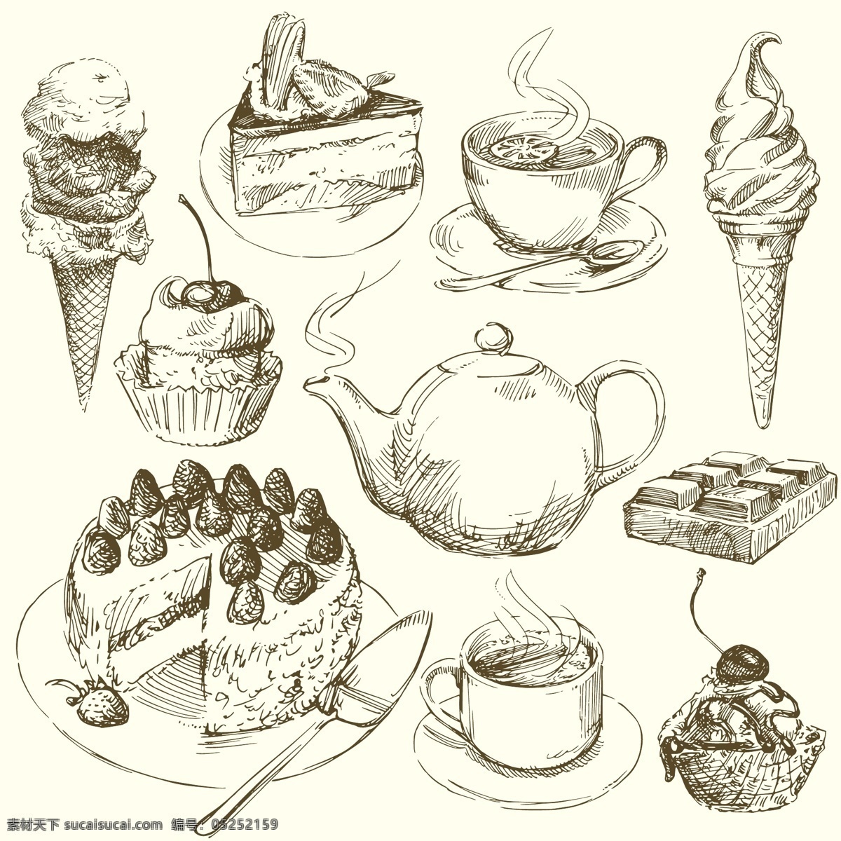 手绘食物 手绘 线稿 插画 速写 素描 食物 蛋糕 咖啡 冰激淋 巧克力 奶酪 矢量素材 餐饮美食 生活百科 矢量