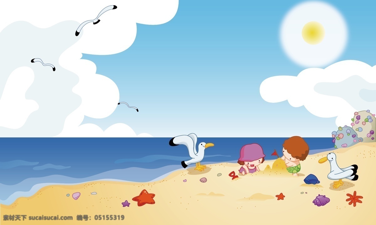卡通海边背景 卡通背景 海边娱乐 卡通海洋 儿童水上乐园 卡通壁画 移门图案 书本画册 海边玩耍 沙滩童趣