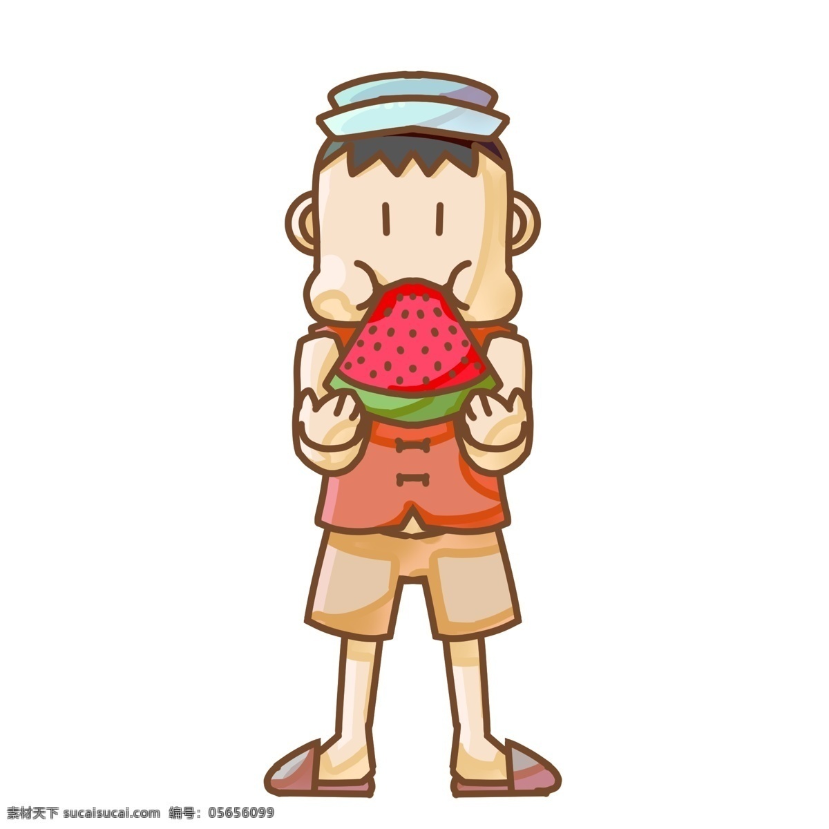吃 西瓜 小 男孩 插画 红色的西瓜 蓝色的帽子 新鲜的西瓜 站着的小男孩 卡通人物