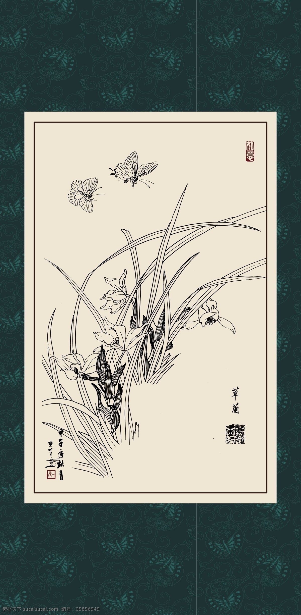 草兰 绘画 白描 线描 手绘 国画 毛笔画 工笔 轮廓 印章 书法 装裱 植物 花卉 花草 花鸟 昆虫 白描兰花 文化艺术 绘画书法