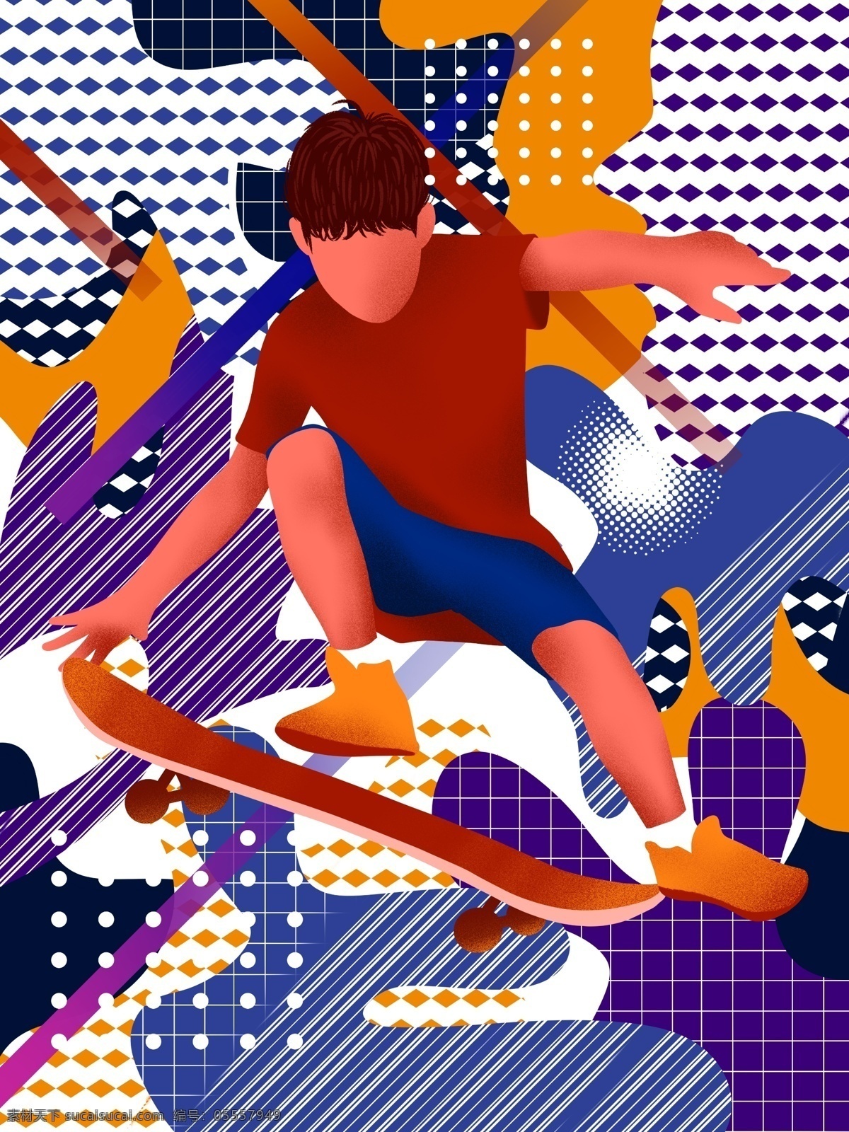 游走 梦 玩 滑板 男孩 撞 色 插画 抽象 色块 运动 健身 绚丽 游走的梦 玩滑板 男生 男人 孩童 儿童 撞色 活动 健康运动 滑板车 酷炫 形象 帅气 飞跃 跳起