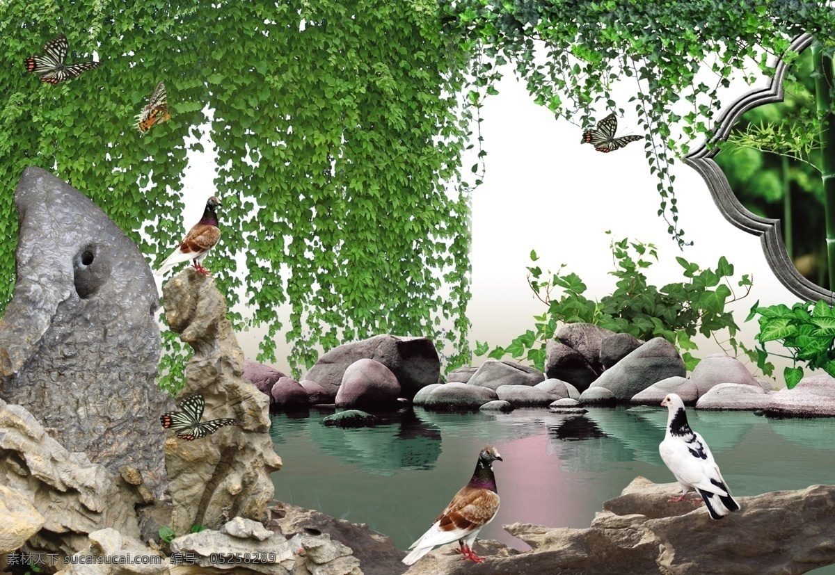 蔓藤景墙 蔓藤 石景 水池 鸽子 窗景 背景素材 分层 源文件