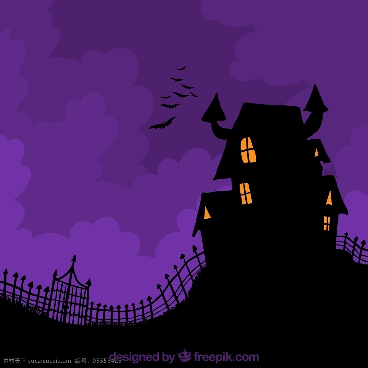 万圣节 城堡 剪影 蝙蝠 栅栏 夜晚 鬼屋 矢量 黑色