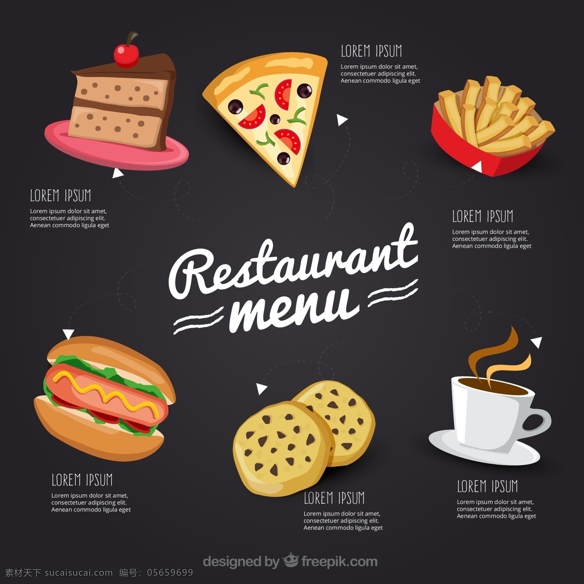 创意 快餐馆 菜单 矢量 咖啡 披萨 热狗 三角蛋糕 薯条 餐厅 餐馆 饼干 文化艺术 绘画书法