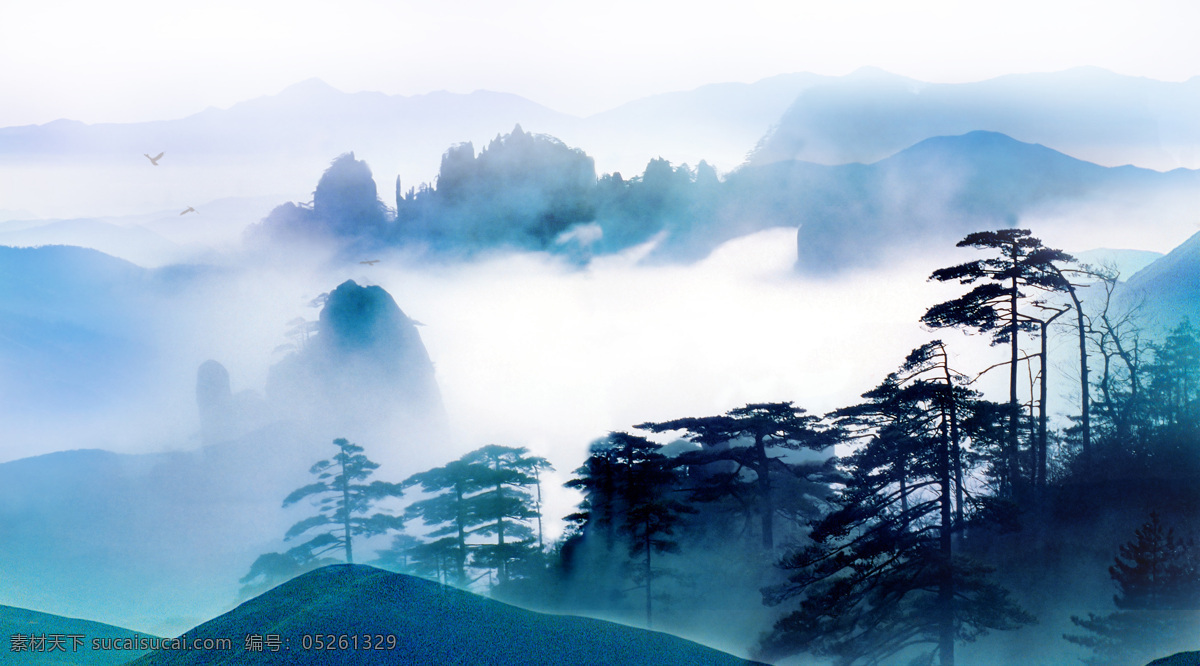 天高云淡 黄山 松树 迎客松 云 天 意境 雾 云雾 精美背景 自然风景 自然景观
