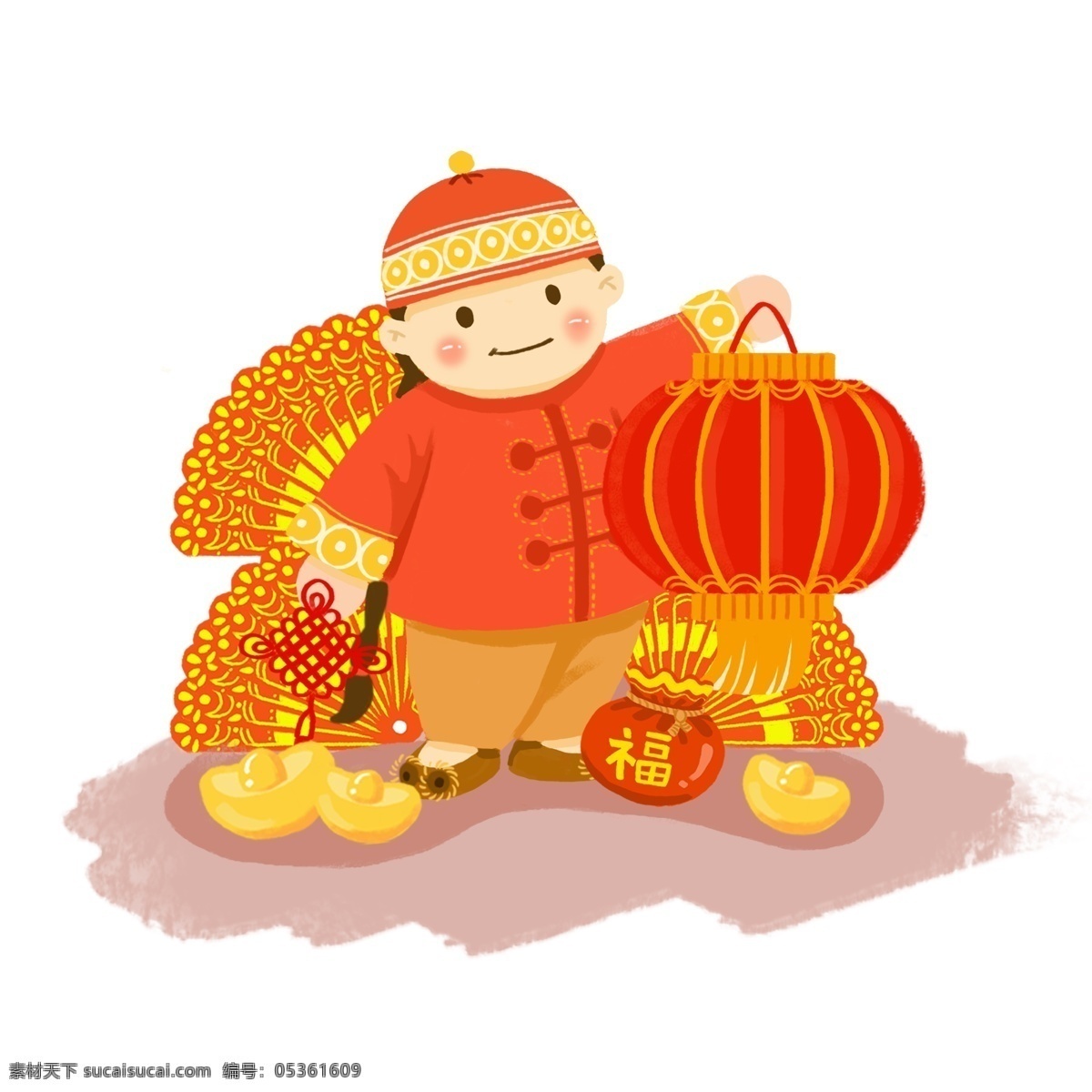 手绘 春节 喜庆 灯笼 系列 精品 元素 之一 扇子 中国结 新年 元宝 福袋