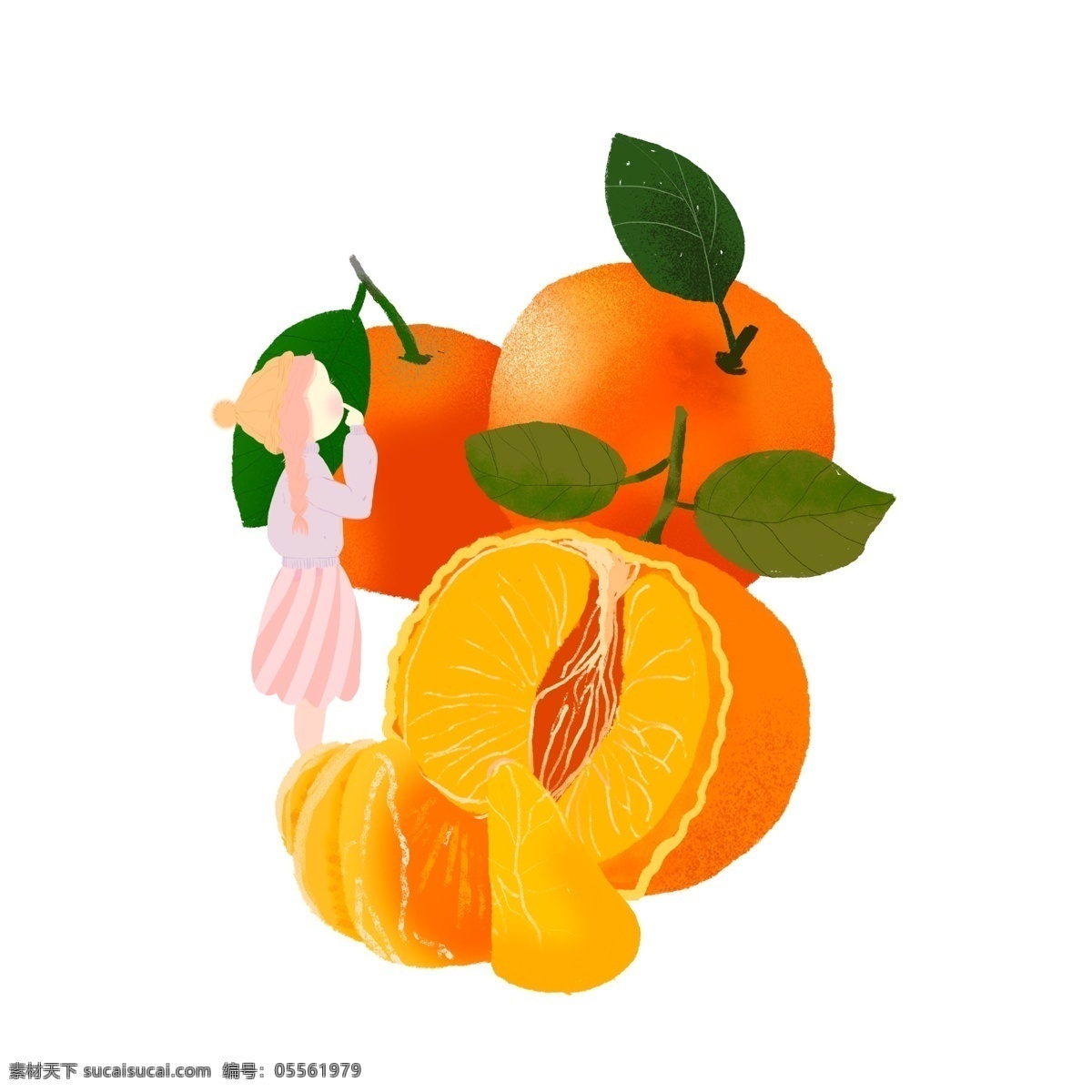 彩绘 女孩 桔子 图案 元素 水果背景 装饰图案 创意元素 水果 大吉大利 水果元素 元素设计 手绘元素 psd元素