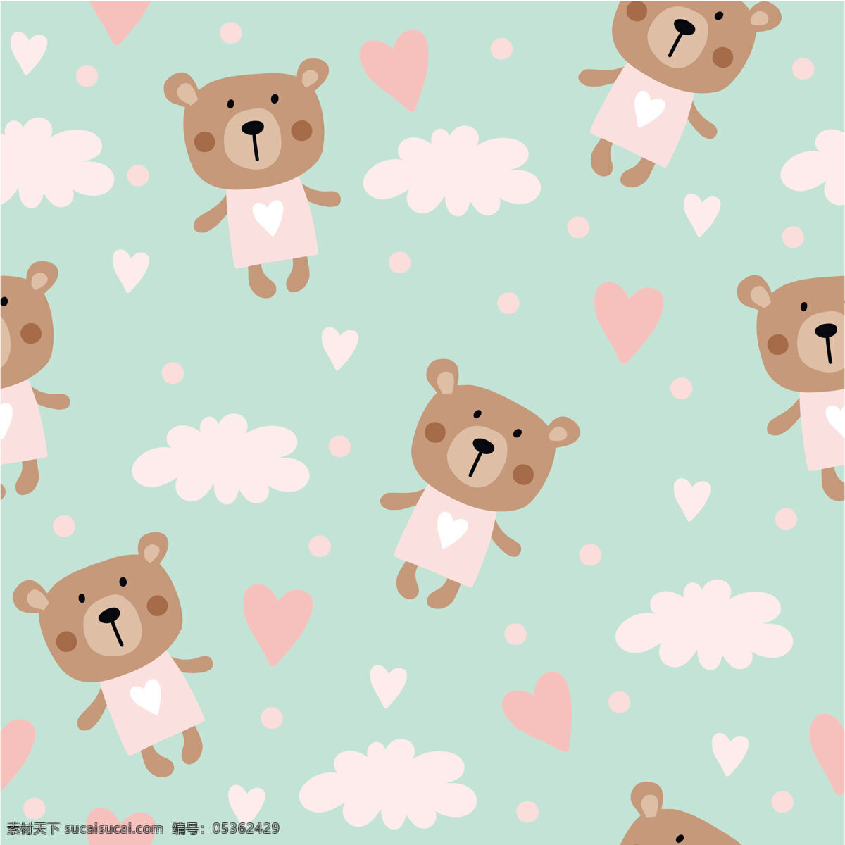 清新 蓝 粉色 调 小 熊 壁纸 图案 装饰设计 粉色白云 壁纸图案 褐色小熊 粉色爱心