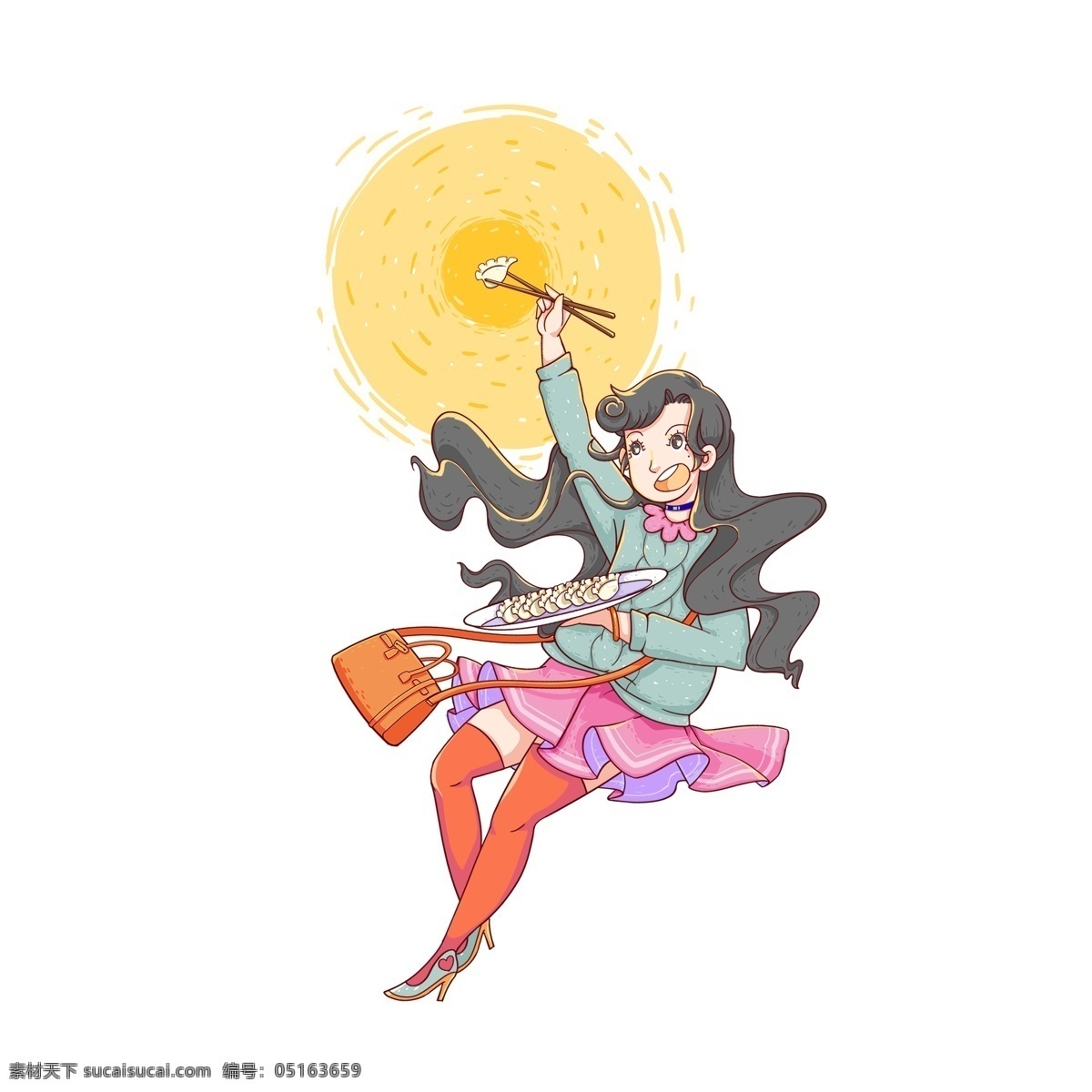 彩绘 吃 饺子 少女 人物 卡通 彩色 插画 女生 吃饺子