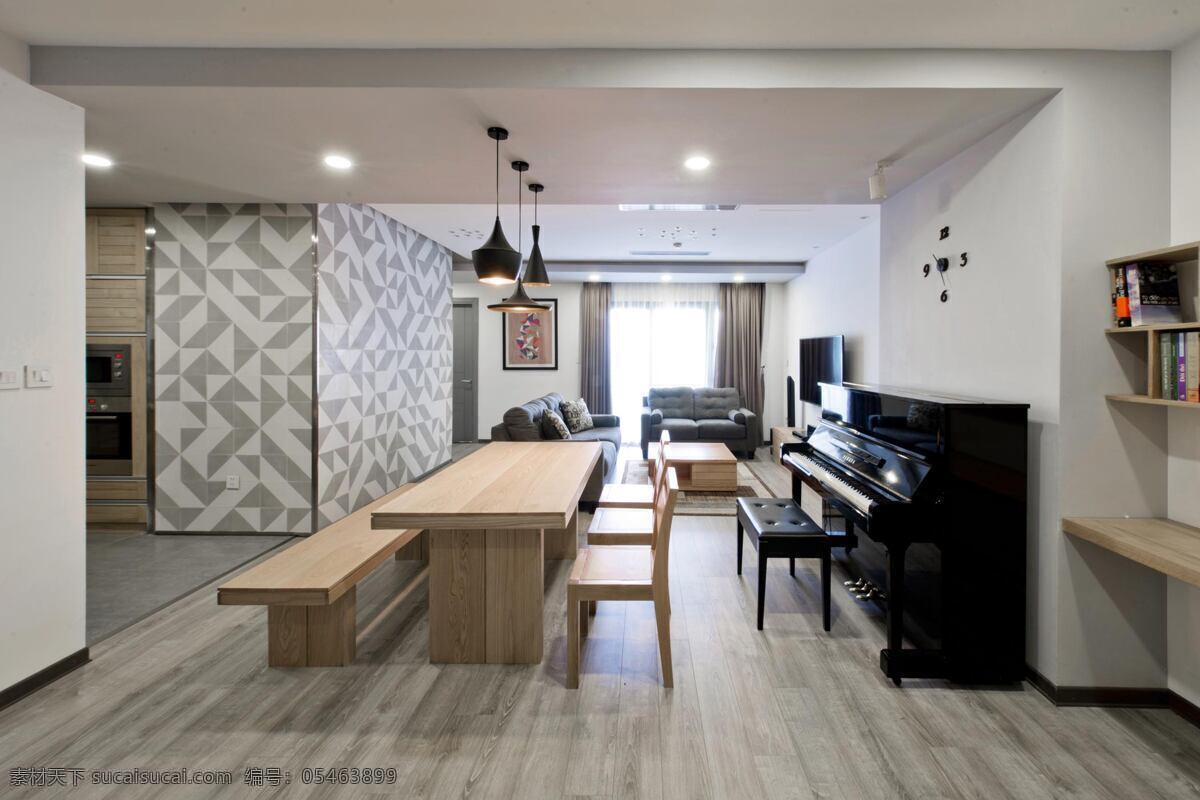 现代 时尚 客厅 几何 图案 背景 墙 室内装修 效果图 客厅装修 木制餐桌 木制长椅 浅色背景墙