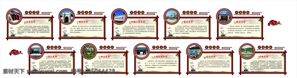 十大名校简介 校园文化墙 古典造型 文化墙打造