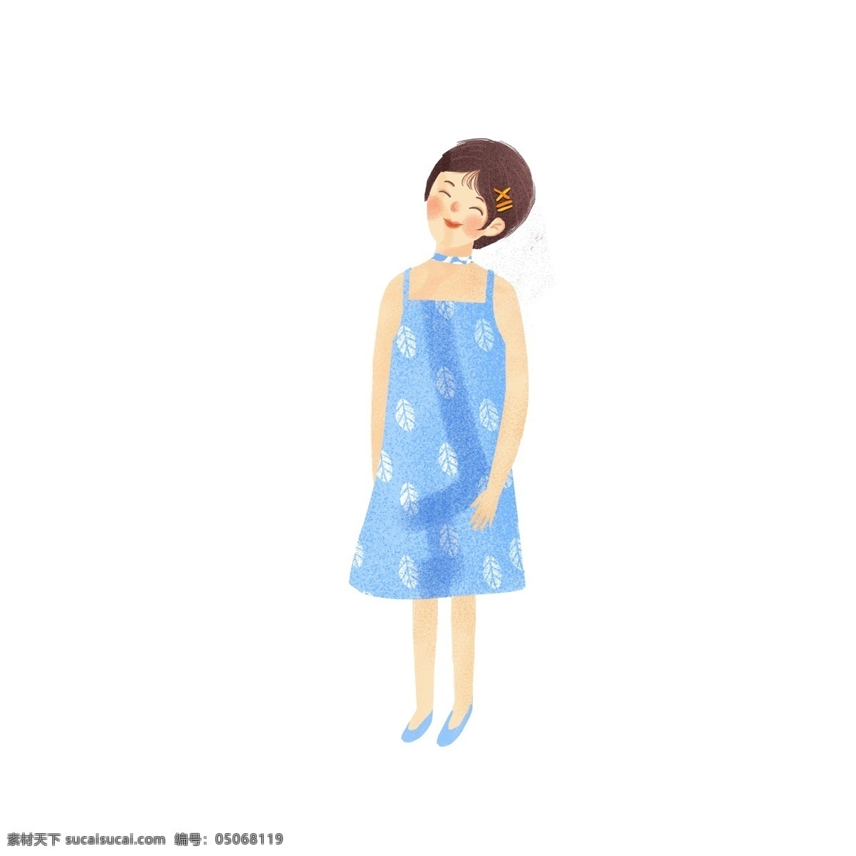 原创 文艺 短发 女孩 元素 创意 卡通 图案元素 蓝裙子