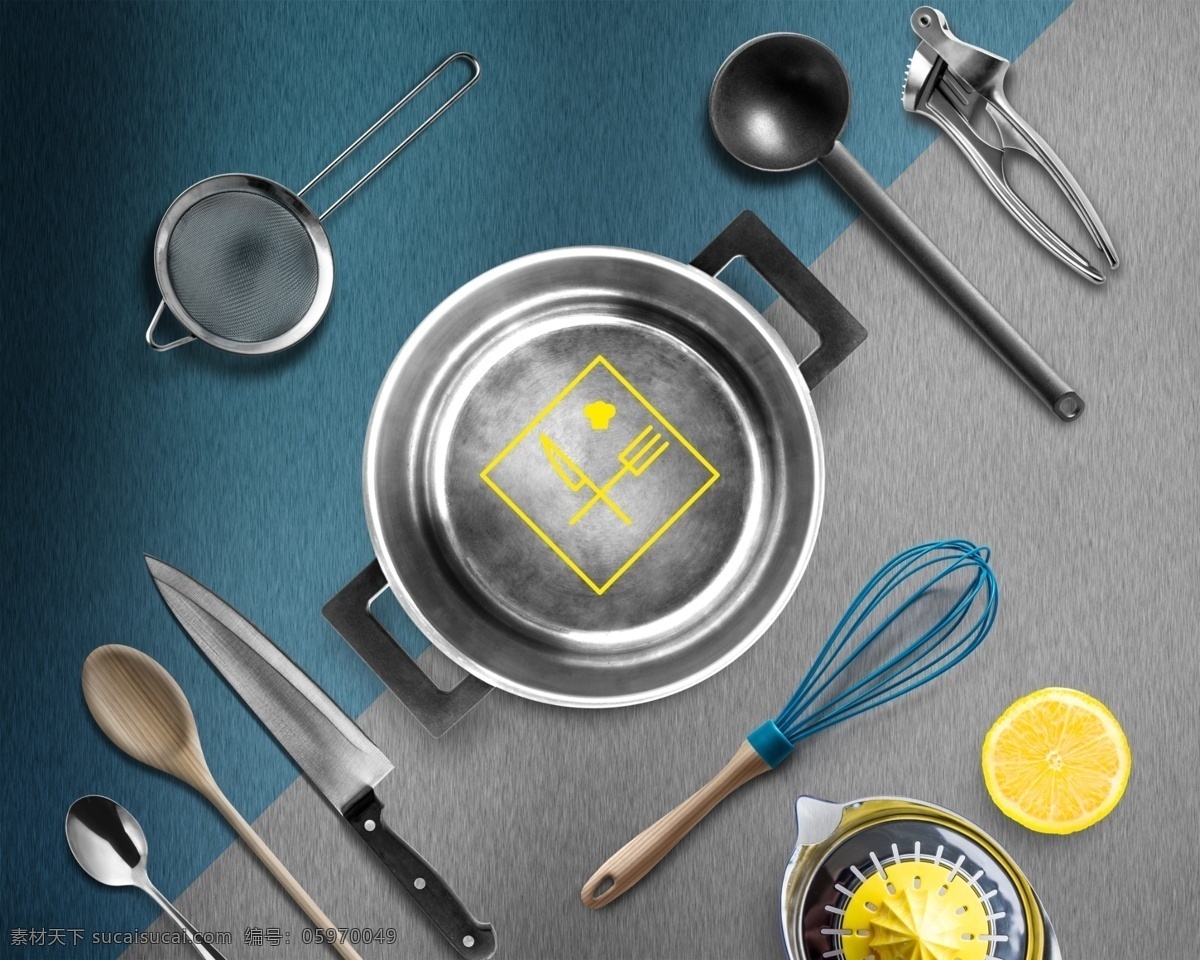 蓝灰 拼接 厨房 餐具 源文件 刀叉 勺子 打蛋器 铁锅 装饰图案