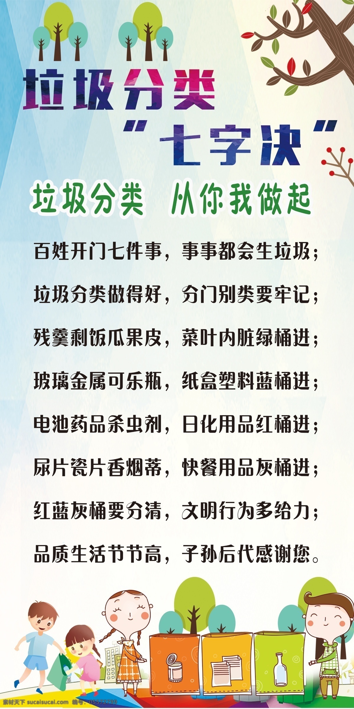 垃圾 分类 七 字 决 垃圾分类 七字决 卡通树 卡通儿童 垃圾桶