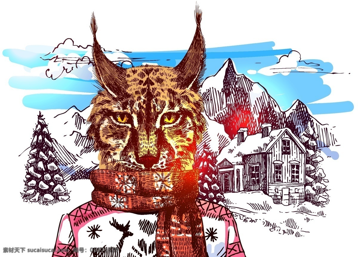 豹猫 雪山 冬季 动物 拟人 装饰画 矢量 蓝天 白云 房屋 水彩 手绘 卡通 童话 冬天 风景 插画 背景