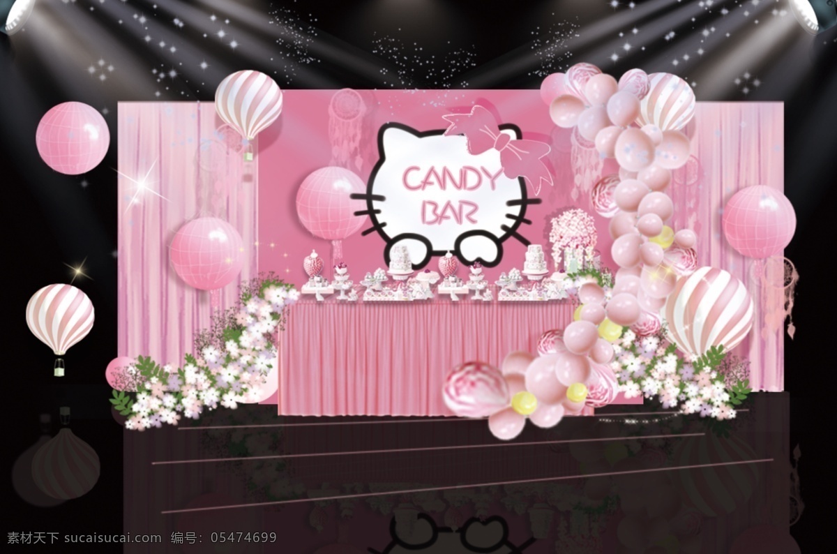 粉色 卡通 可爱 宝宝 宴 甜品 区 效果图 气球造型 热气球 鲜花造型 扑梦网 psd文件 粉色甜品台 粉色小猫背景 背景