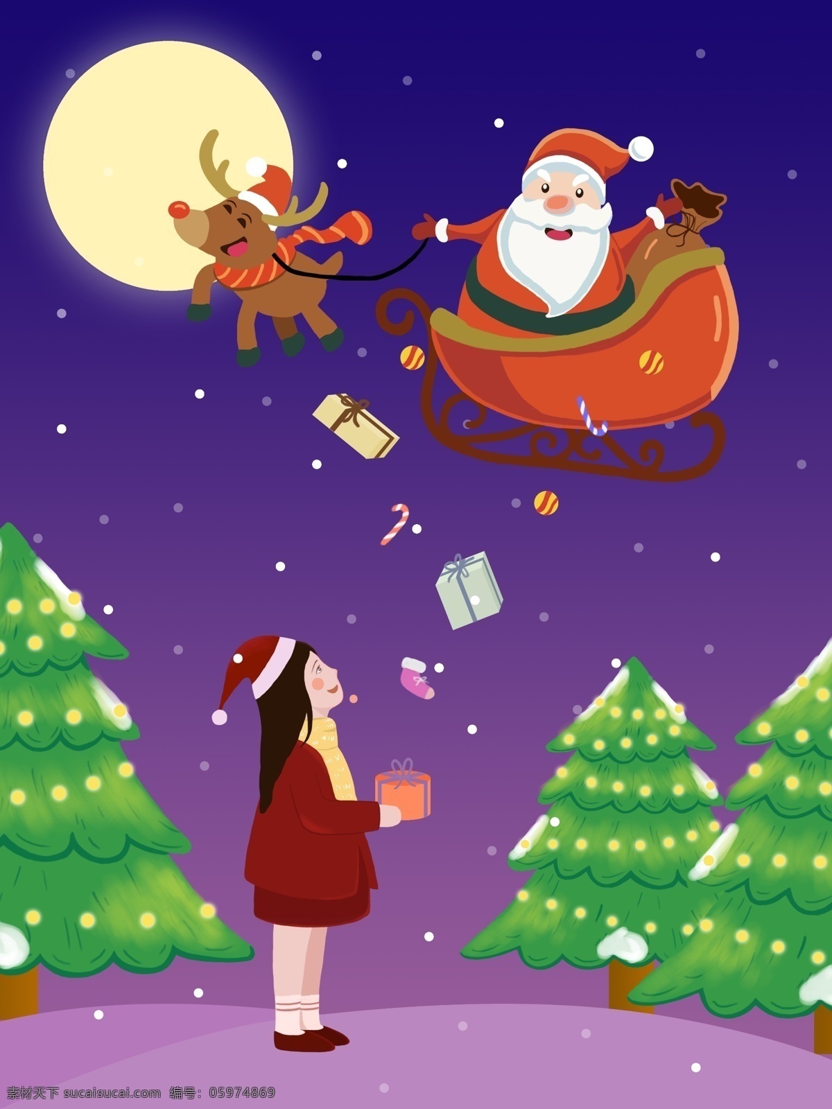 女孩 接收 圣诞老人 礼物 鹿 圣诞节 平安夜 肌理 雪景 圣诞树 肌理写实