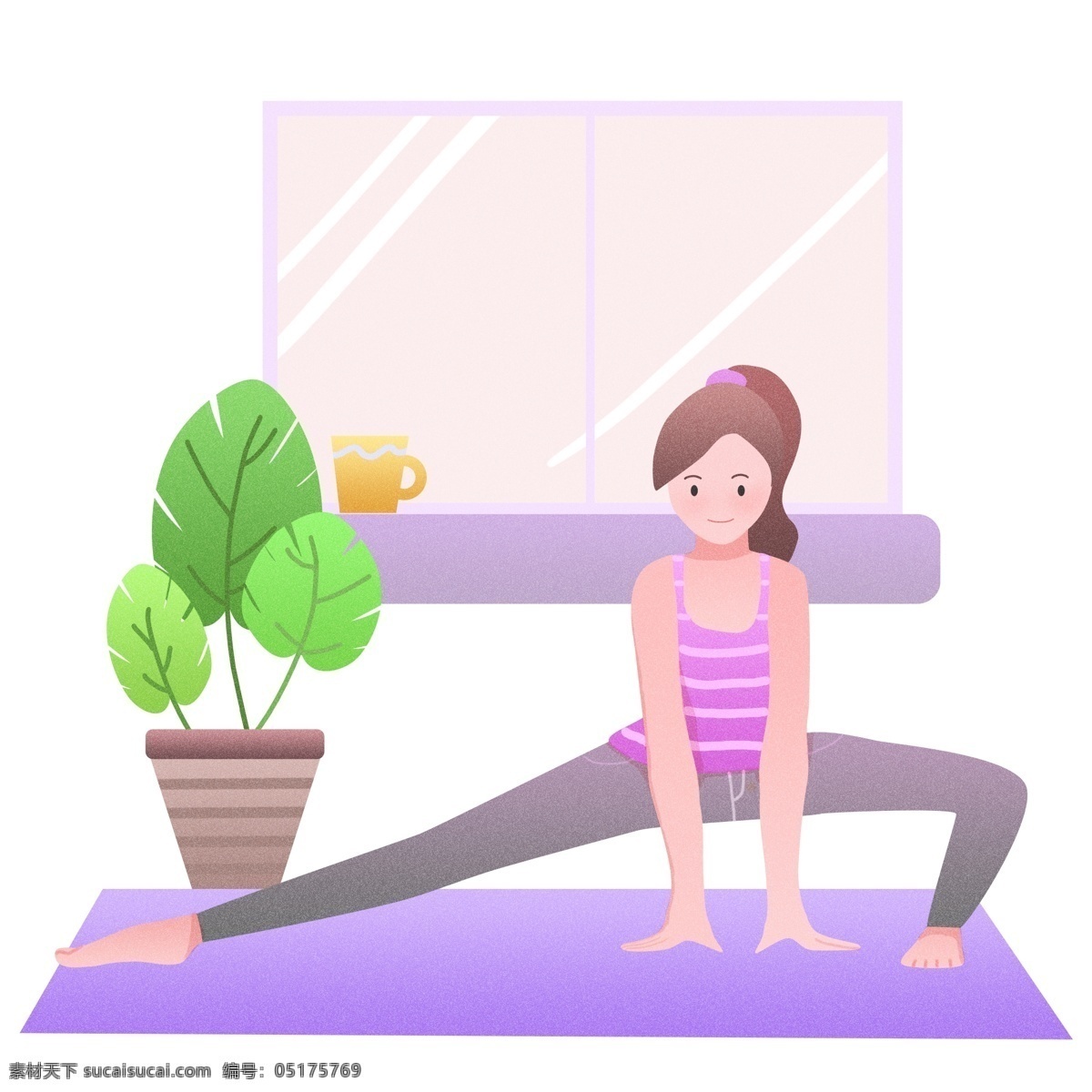 瑜伽 健身 运动 插画 绿色的盆栽 卡通插画 运动插画 健身运动 锻炼身体 活动筋骨 瑜伽的运动