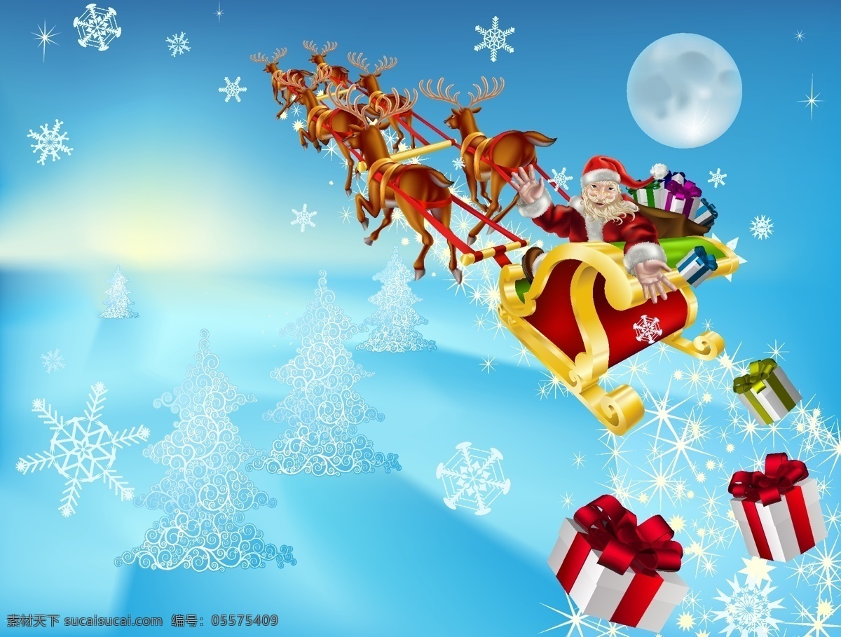 圣 塔克 劳斯 礼物 矢量 房子 礼品 麋鹿 圣诞节 圣诞老人 晚上 空运 圣克劳斯 克劳斯交货 向量 矢量图 其他节日