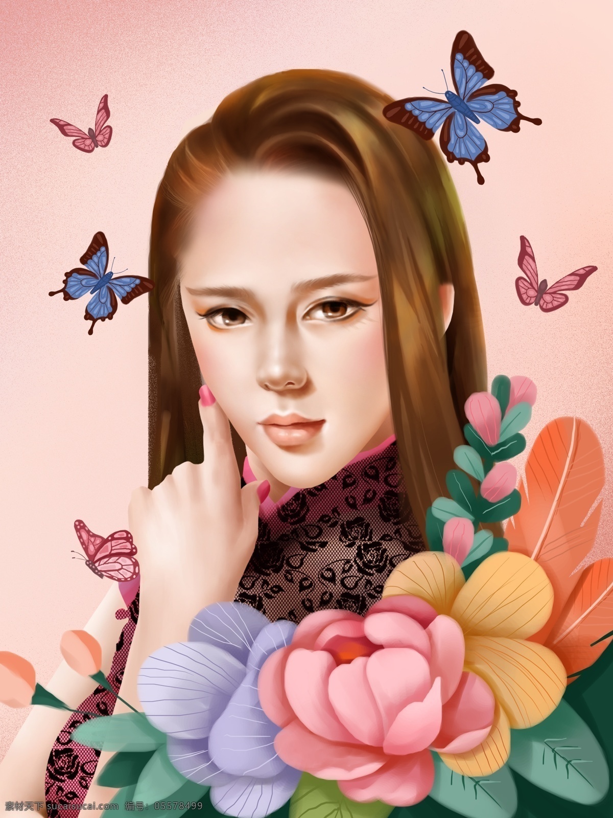花丛 中 少女 细腻 写实 插画 蝴蝶 粉色
