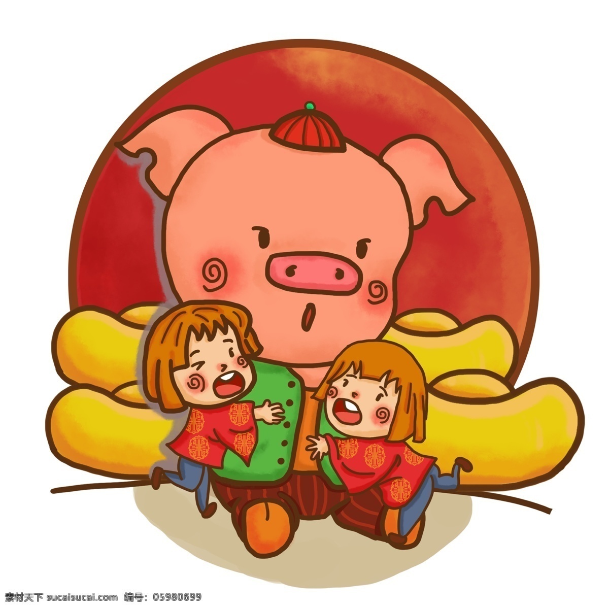 2019 新春 佳节 猪年 快乐 合家欢乐 财源滚滚 恭喜发财 可爱猪 金元宝 幸福 两个小姐妹