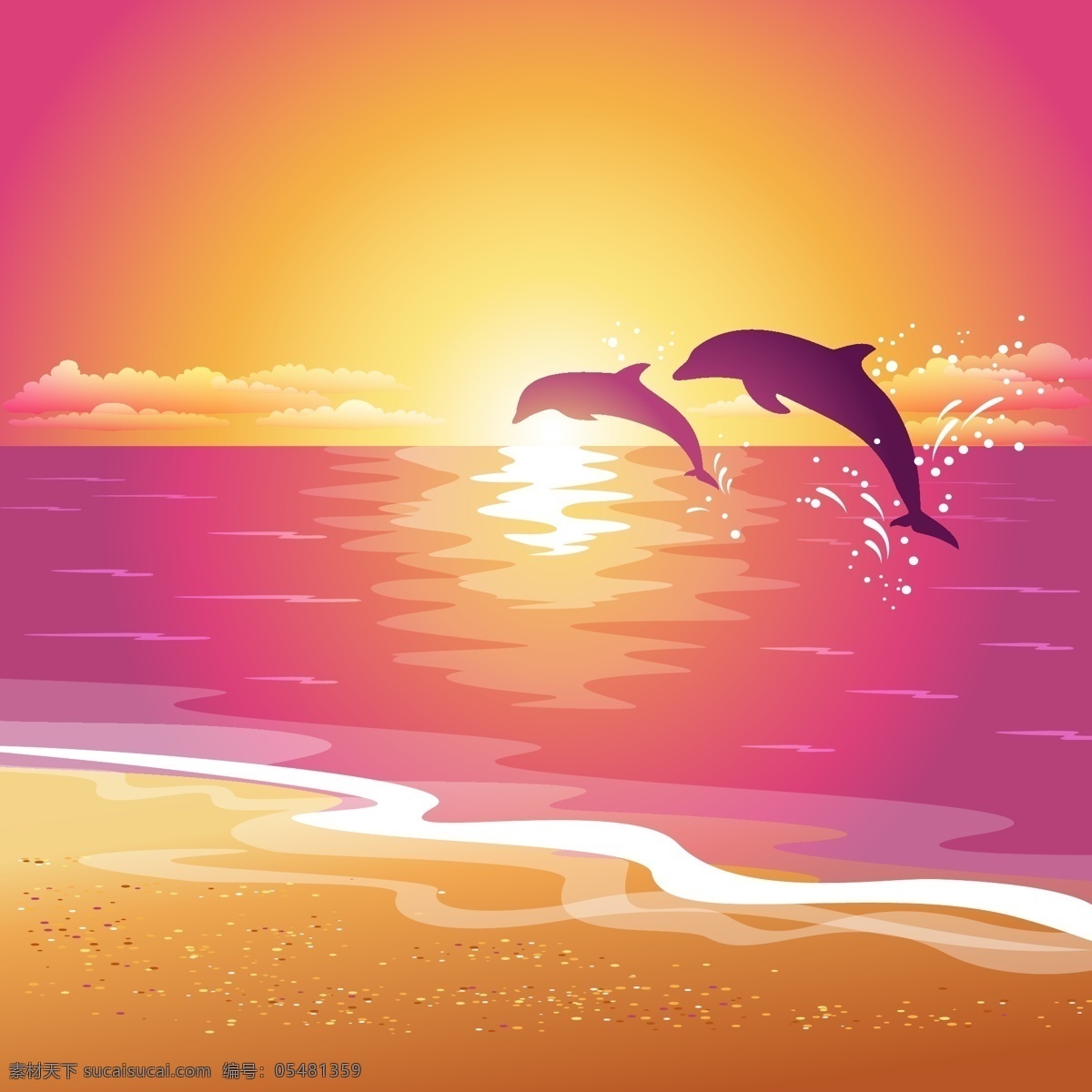 夕阳下的沙滩 落日 夕阳 沙滩 海豚 橙色