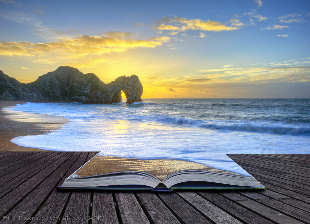 书本海洋创意 书本 海洋 创意 海边 海浪 大海 海面 波涛 木板 木纹 木地板 自然风光 自然景观