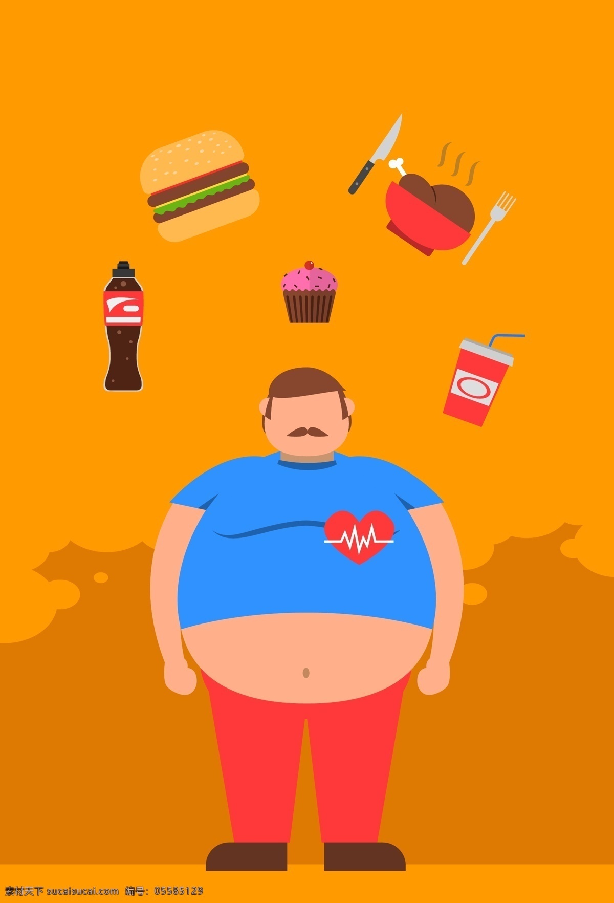 世界 防 肥胖 日 橘 色 背景 海报 矢量 扁平化 卡通 橘色底 汉堡包 甜甜圈 鸡腿