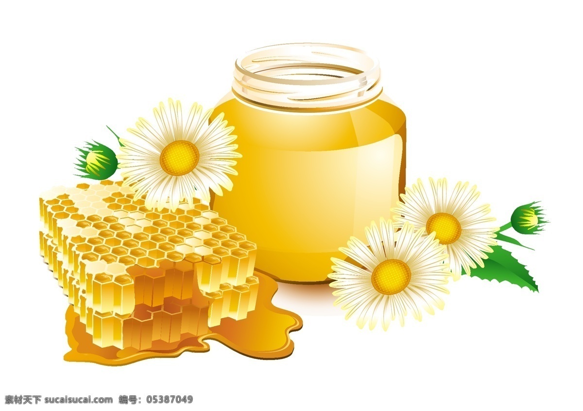采蜂蜜的蜜蜂 洋槐蜜 蜂巢 蜂蜜罐 花蜜 插画 手绘 矢量元素 卡通设计