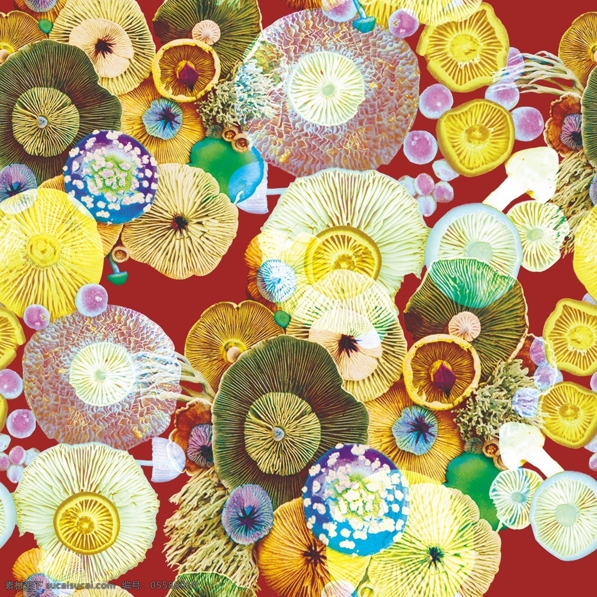 蘑菇背景 数码印花 服装花 彩色蘑菇 服装花型设计 高清素材 时尚潮牌 分层