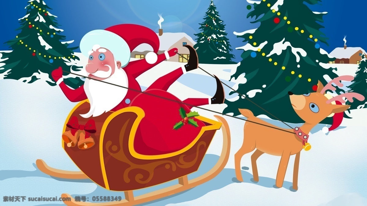 圣诞节 圣诞树 雪橇 铃铛 原创 手绘 圣诞老人 雪地 送礼 鹿 格式 高清