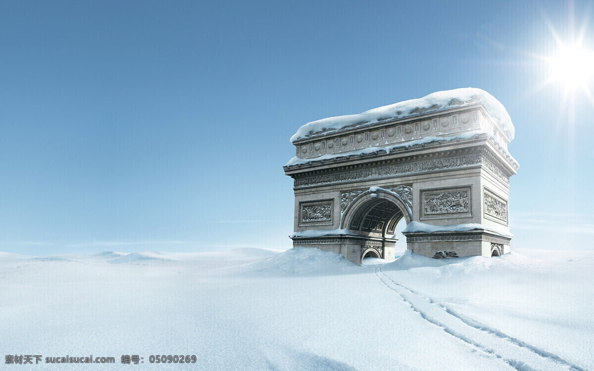风雪凯旋门 广告 凯旋门 创意 大风雪 大学 日光 法国 底纹 蓝色 白雪