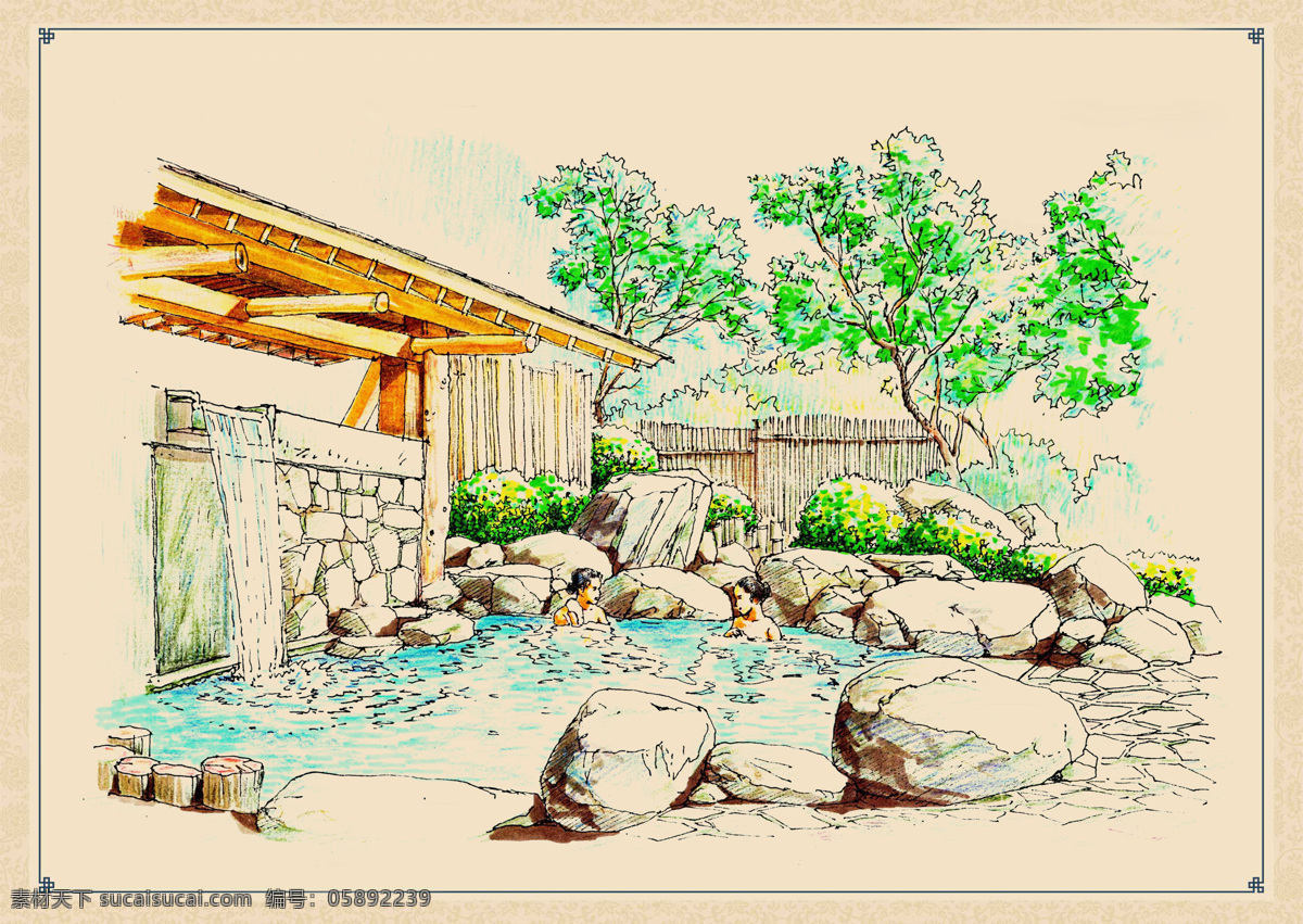 温 泉池 手绘 效果 温泉 景观 水池 树木 石头 小溪 流水 竹筒 围栏 效果图 建筑 园林设计 环境设计 景观设计