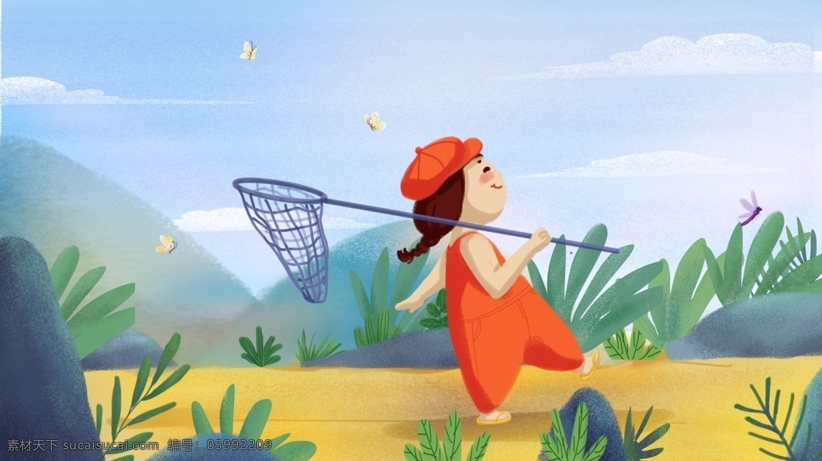 夏天 悠闲 走 丛林 中 蜻蜓 蝴蝶 围绕 女孩 清新 草地 蓝天 橙色 自由 向往 美好 戴帽子 大步走 网