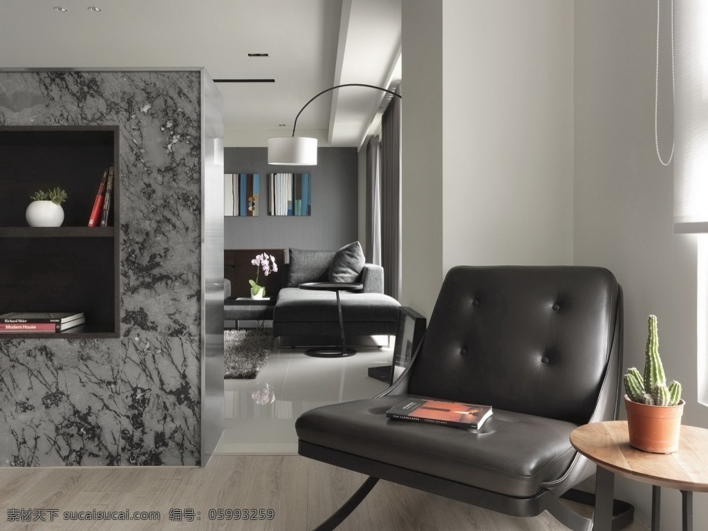 简约 时尚 客厅 灰色 大理石 电视 背景 装修 效果图 灰色墙壁 窗户 圆形茶几 沙发椅 浅色木地板