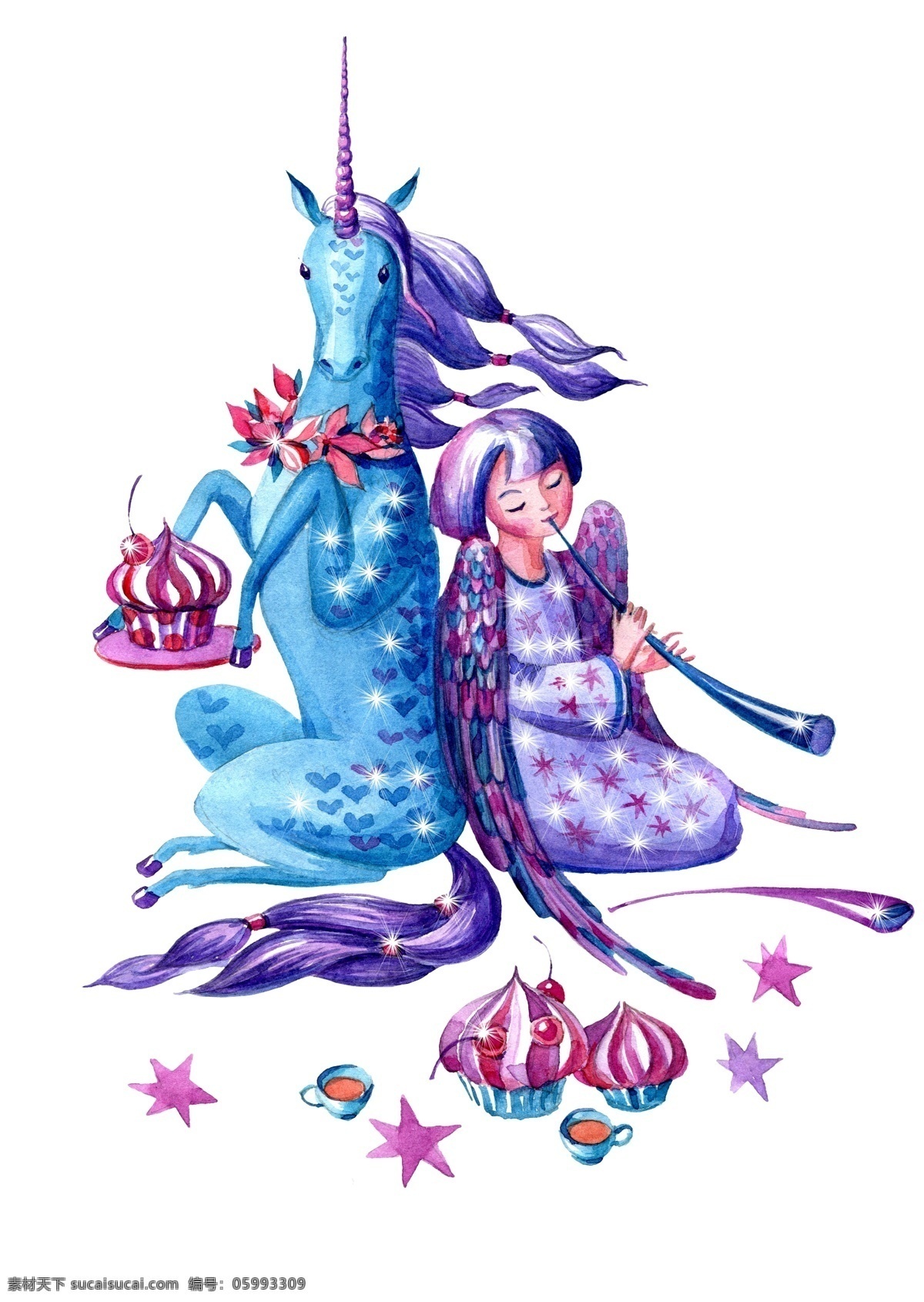 背对 坐 少女 独角兽 源文件 蛋糕 蓝色 尾巴 星星 羽毛 装饰图案 紫色