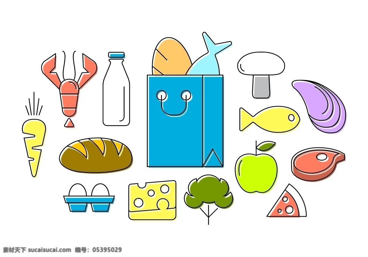 手绘美食图标 食物图标 扁平化食物 食物 美食 美食插画 矢量素材 图标 美食图标 虾 龙虾 牛奶 鸡蛋 面包 芝士 苹果