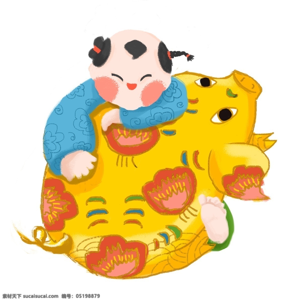 2019 生肖 猪 猪年 可爱 商用 插画 原创 金 福娃 生肖猪 金猪 娃娃 古代娃娃 抱金猪