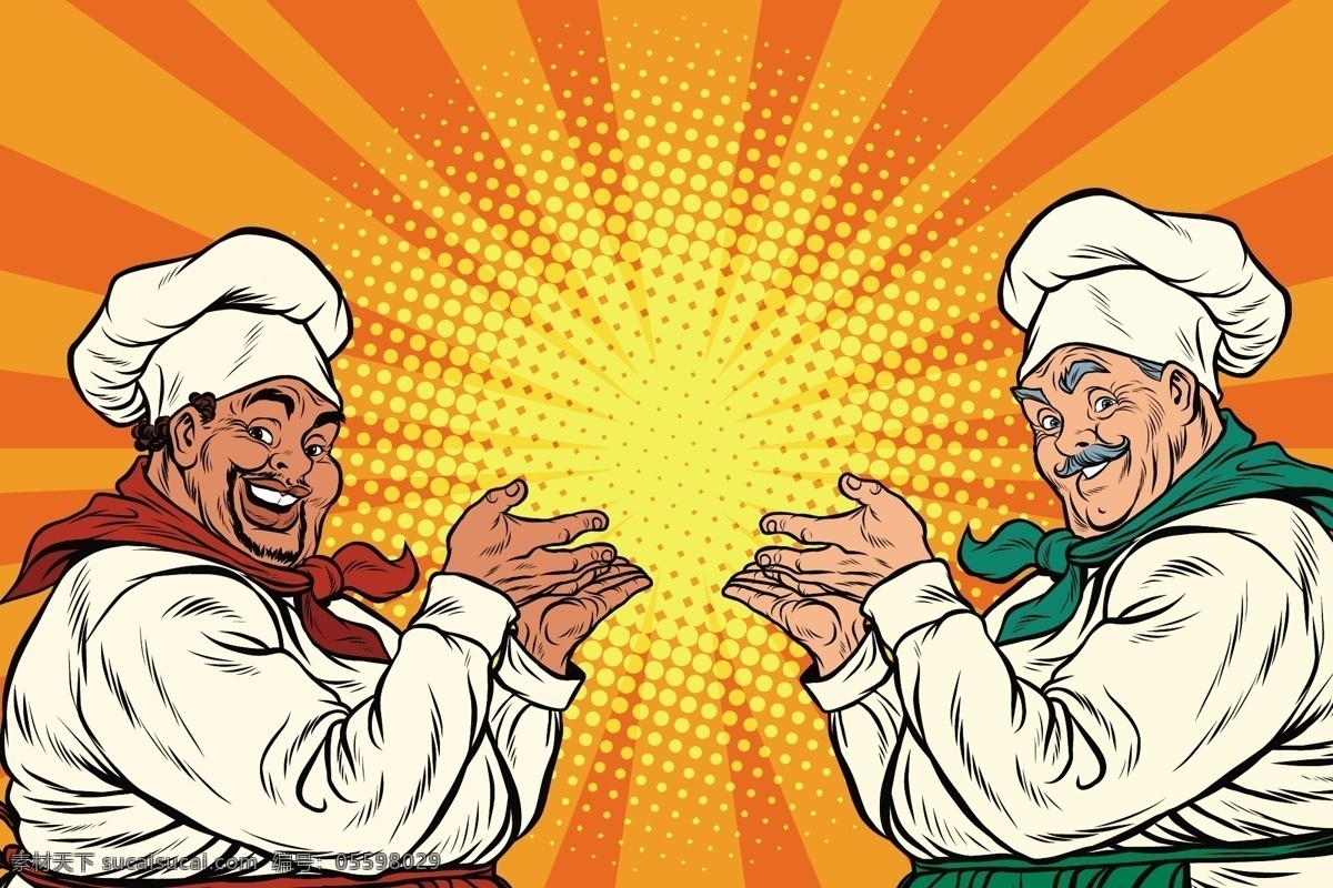 胖 厨师 欧美 卡通 海报 漫画 风格 人物 矢量 厨师长 放射背景 风景 插画 手绘 扁平化 矢量素材