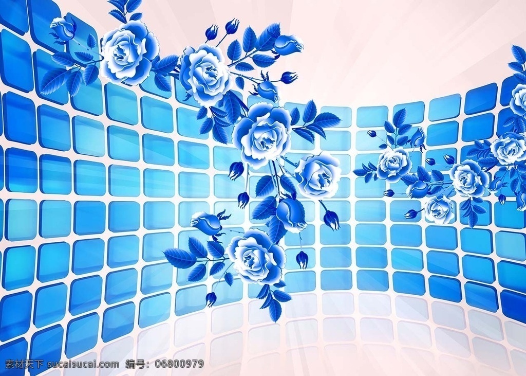 方块 蓝色 牡丹花 背景 墙 蓝色牡丹花 手绘花朵 蓝色花朵 立体花朵 电视背景墙 背景墙 分层