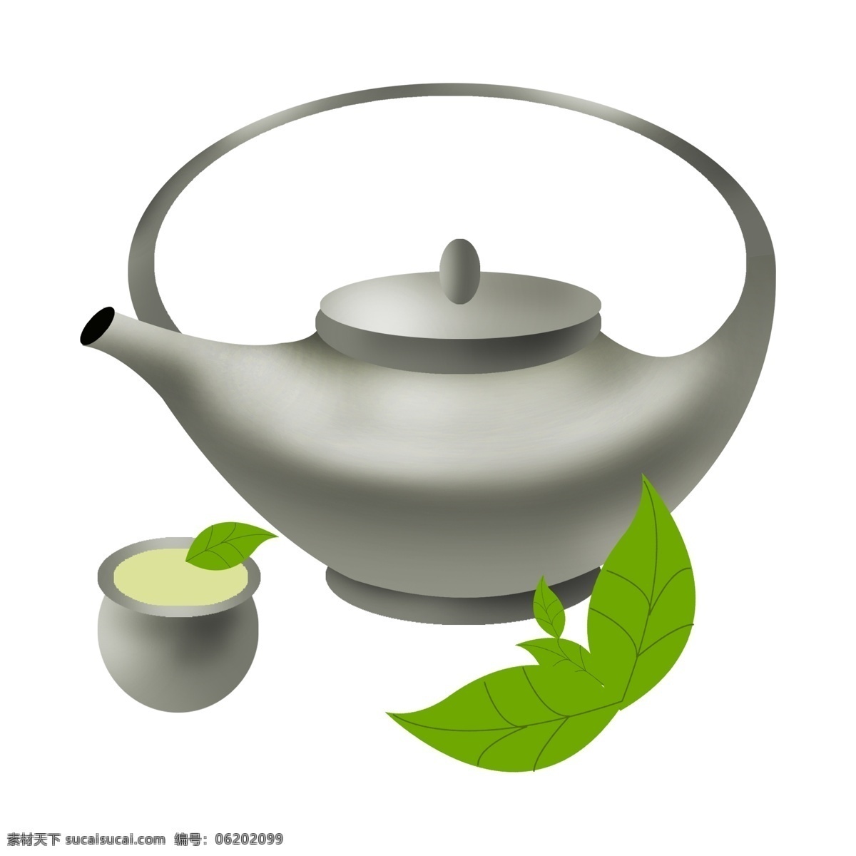 创意 茶壶 茶杯 插画 创意的茶壶 灰色茶壶茶杯 饮茶茶水 喝茶 茶叶冲茶泡茶 健康养生 绿色茶叶