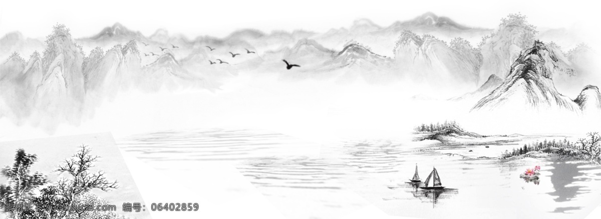 中国 古典 灰色 水墨画 山水 banner 海报 水墨 小船 荷花 飞鸟 桃花 背景